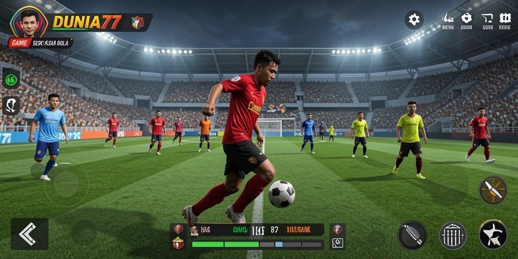 Tampilan gameplay menarik dari DUNIA77 dengan aksi sepak bola yang seru.