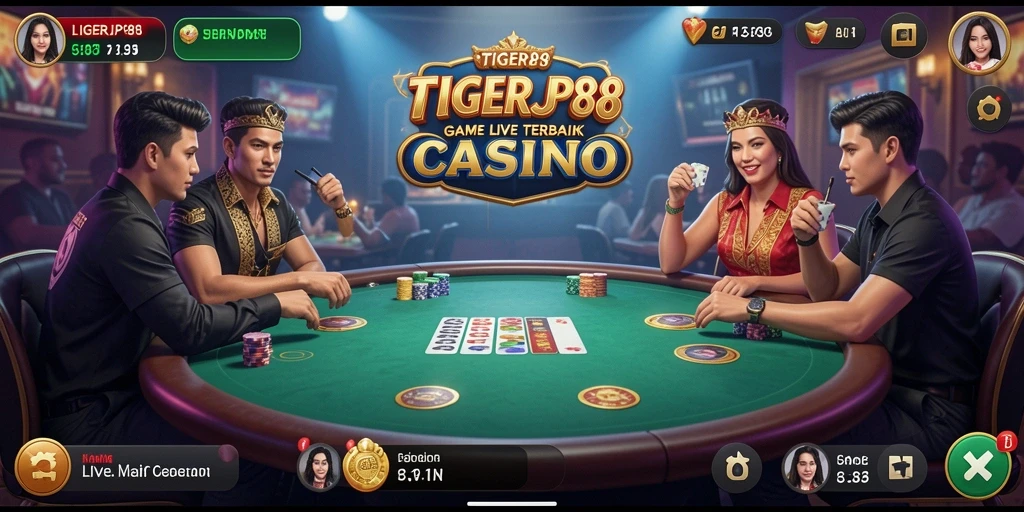 Screenshot gameplay <strong>TIGERJP88</strong> yang menampilkan dealer dan pemain dalam suasana Live Casino.